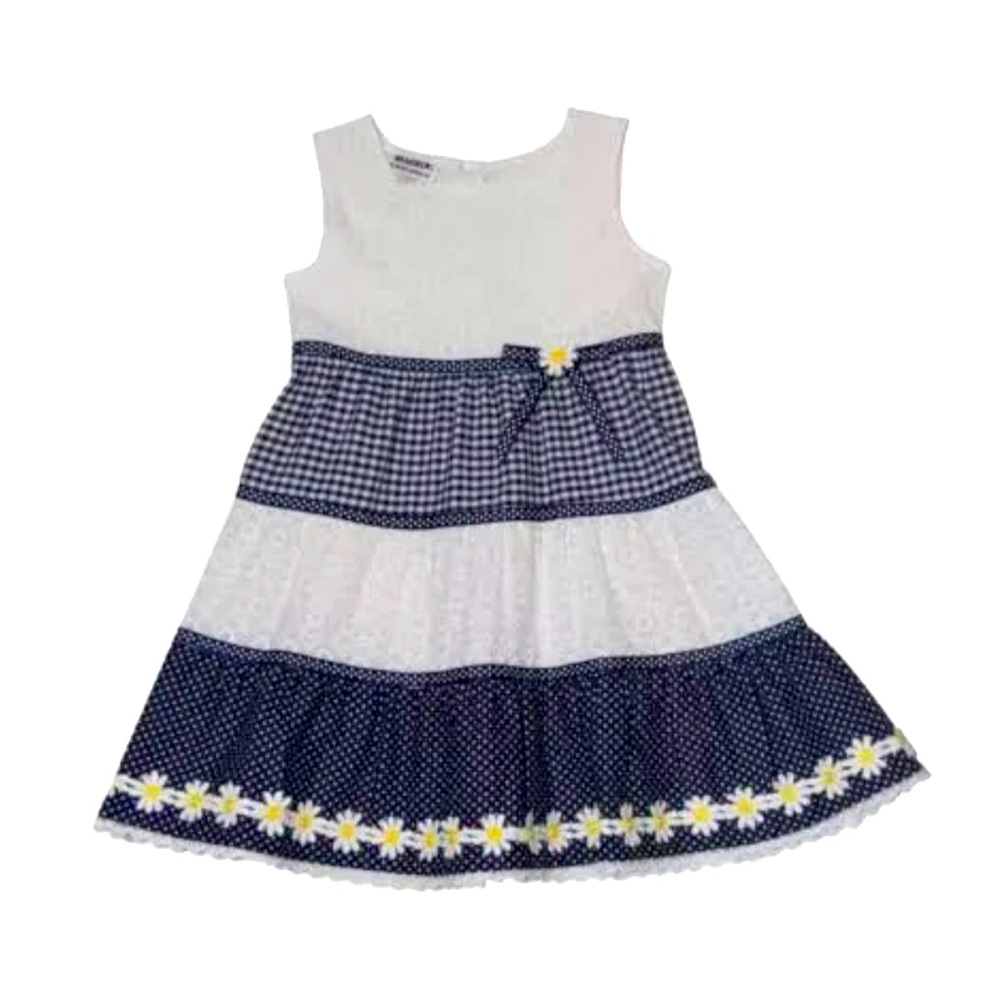 Blueberi Boulevard White/navy Girls Eyelet Lace & Gingham Daisy Dress
